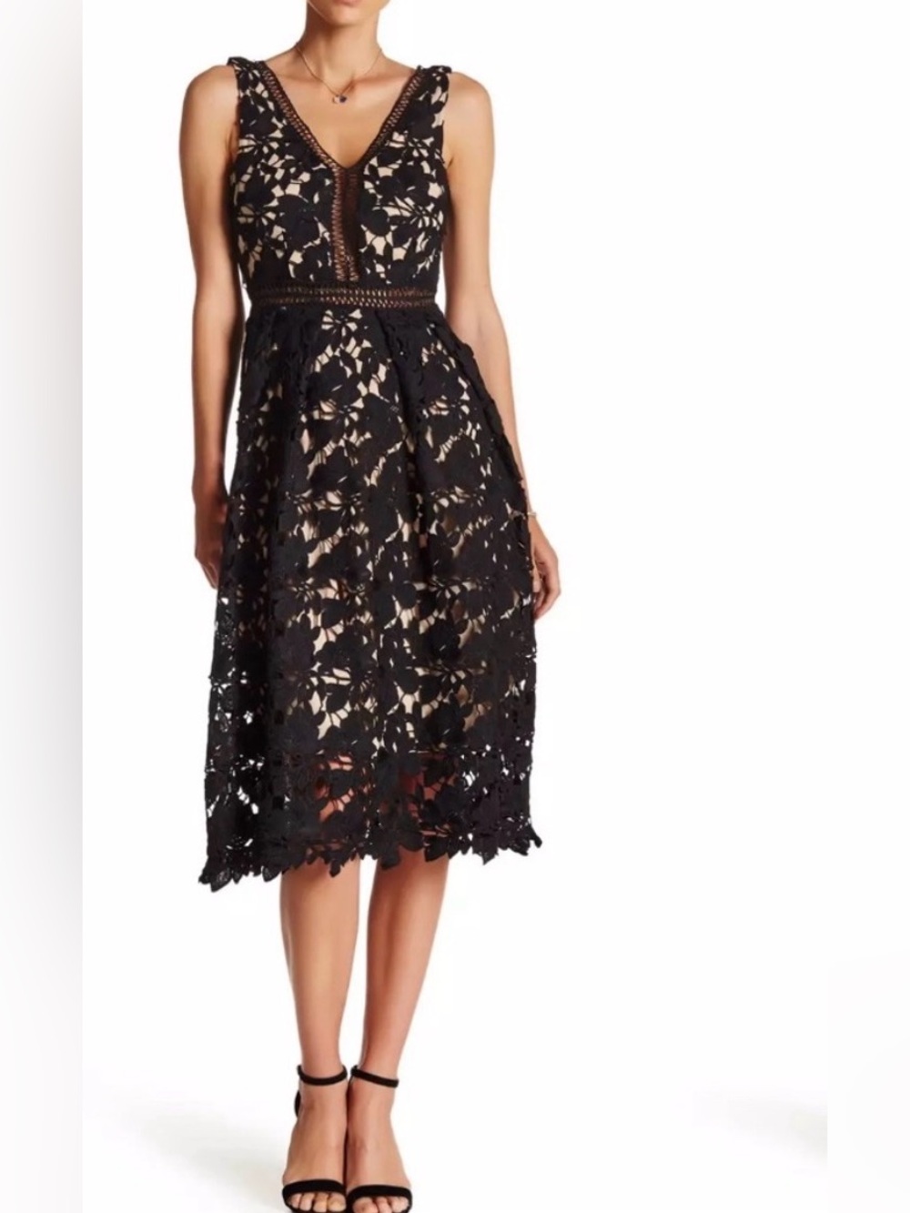 Romeo Juliet Couture Black Double V Lace Black Midi Dress -  Size M